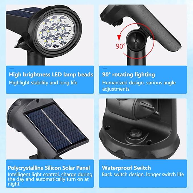 Solar Spot Lights OutdoorSolar Lights Outdoor Waterproof IP68Dark Sensing Auto On/OffSuitable for Garden Corridor Landscape Lighting and Flag Lighting. (Warm White 4-Pack)