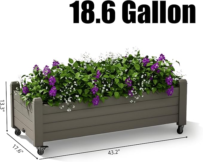 Raised Garden Bed with Wheels Outdoor Resin Planter Box with Drain Hole and Water Level Detector for Backyard Patio Balcony Gray (13.3 h)