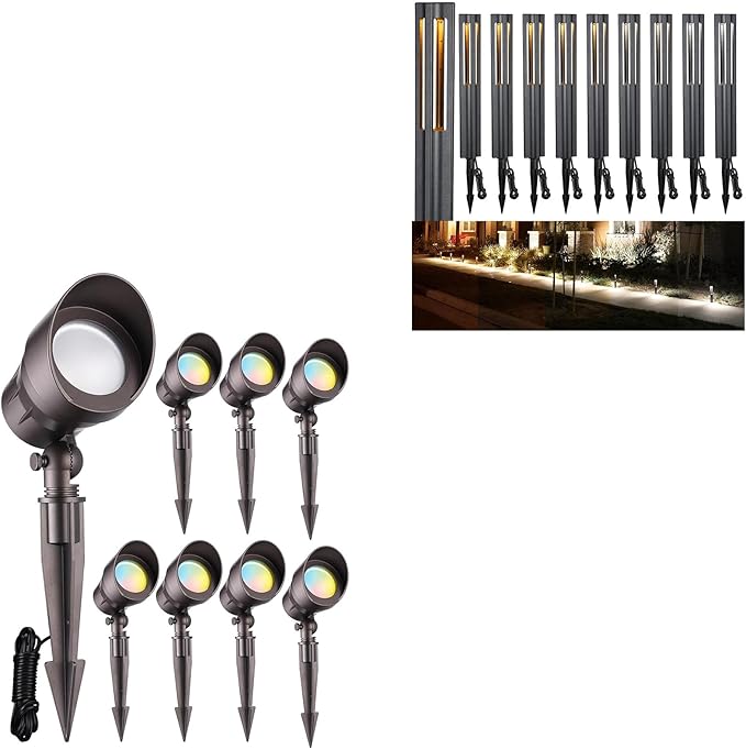 LEONLITE Low Voltage LED Landscape Spotlight Bundle Path Lights 8-Pack Aluminum Spotlights for Yard 5CCT Bronze &amp 10-Pack 3W Landscape Pathway Lights5CCT Black