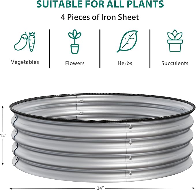 Galvanized Raised Garden Beds Outdoor 3 Round Metal Planters (2x2x1Ft) Heavy Duty Flower Herb Vegetable Boxes Open-Bottom Quick Assembly