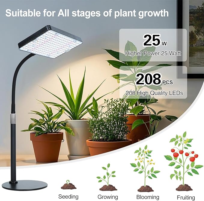 Tabletop Grow Lights for Indoor Plants 25 Watt Bright Natural Sunlight Full Spectrum Plant Growing Lamps for Houseplants &amp Bonsai 4/8/12/16/20H Timer Plant Light Auto On/Off Everyday