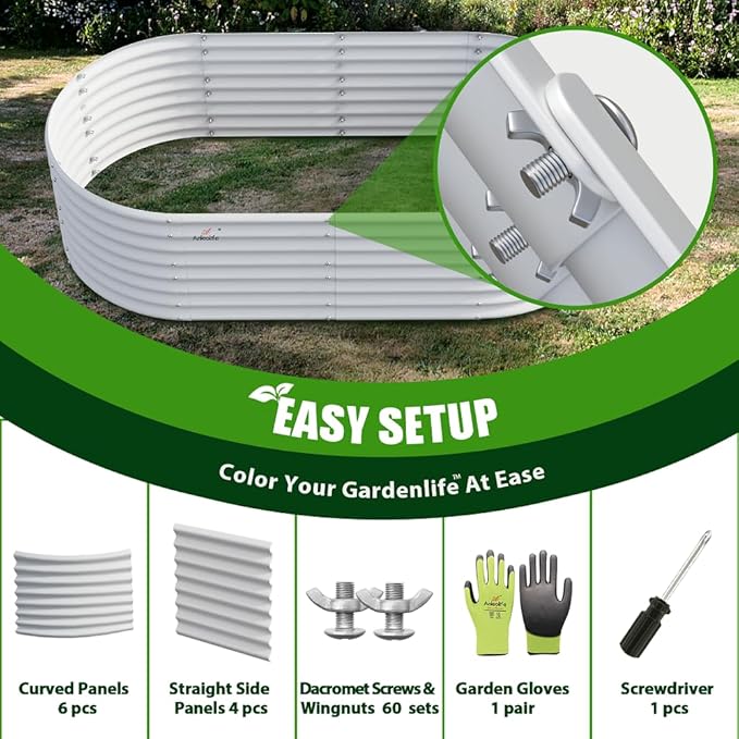 A ANLEOLIFE 6X3X2 ft Galvanized Raised Garden Beds Outdoor-6 Pack Oval Large Metal Deep Root Planter Box for Planting Vegetables Flowers Herb Anti-Rust &amp Easy-Setup Antique White