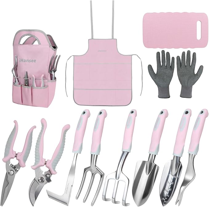Pink Garden Tool Sets 12 Pieces iHansee Aluminum Gardening Hand Tools with Non-Slip Handle Kneeling Pad Apron Gloves and Organizer Bag Landscaping Tools - Gift for Women &amp Garden Enthusiasts