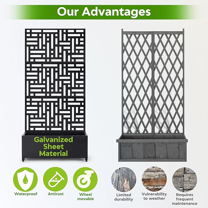 Metal Planter Box with Trellis71”Raised Garden Bed with Trellis Privacy Screen and Drainage.Wheeled for Patio Flexibilityfor Climbing Veggies/Flowers.DIY-Friendly Design