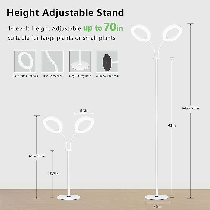 Grow Light for Indoor Plants Full Spectrum LED Tall Plant Lights with Timer Standing Floor Growing Lamp Height Adjustable for Large Plants (40W/White)