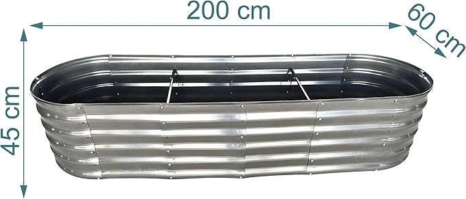 Relaxdays Raised Bed Galvanised Metal for Flowers Plants &amp Vegetables HBT: 45 x 200 x 60 cm Oval Plant Bed Silver