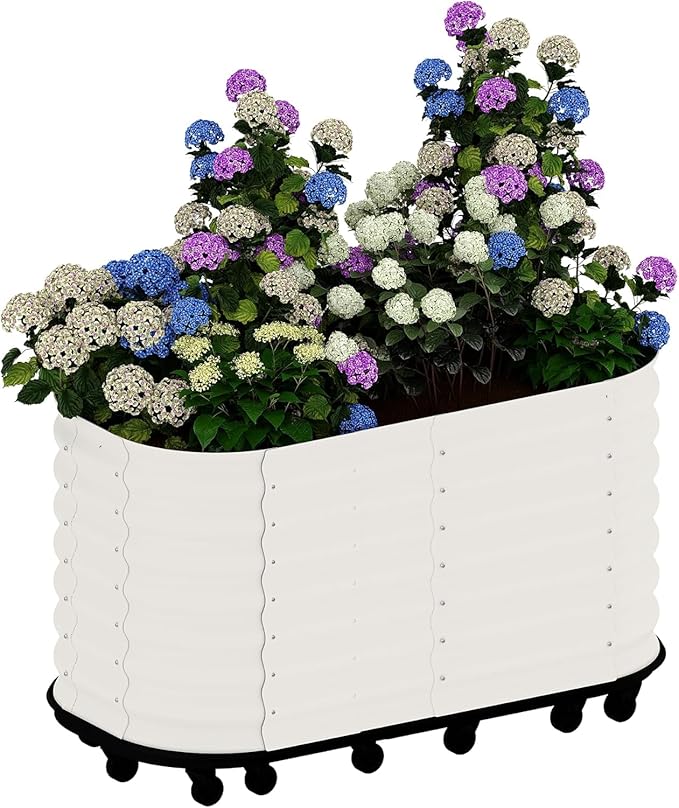 Self-Watering Wheeled Metal Garden Bed with Built-in Water Storage Mobile Raised Planter Box with Lockable Wheels Indoor/Outdoor Rolling Grow Station for Veggies