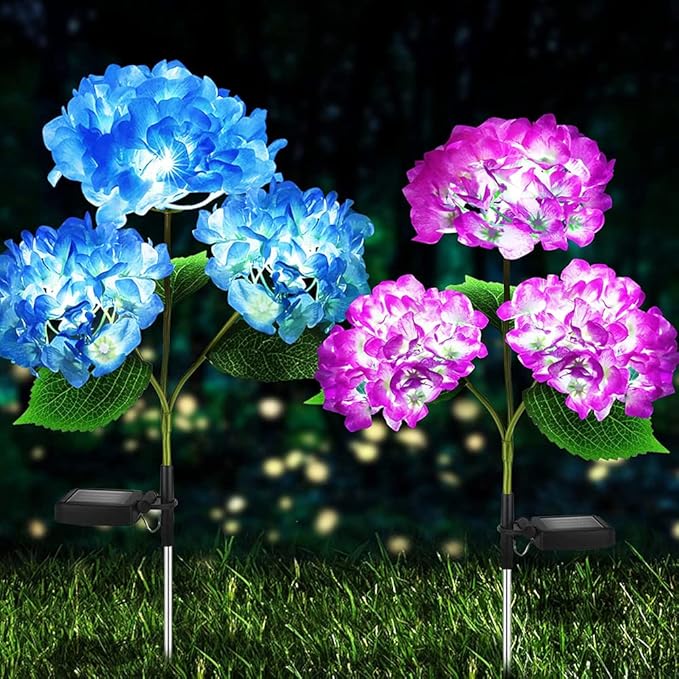Plant Growing Lamps 2 Pack Hydrangea Flower Solar Led Light Outdoor Garden Lawn Lamps for Garden and Vegetable Patch Patio Country House Decoration(Blue-2 Pack)