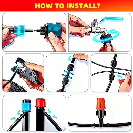 240FT Garden Drip Irrigation Kit - DIY Plant Watering System with 3 Adjustable Modes (Mist Drip Vortex Nozzles) 5/16 Mainline &amp 1/4 Tubing for Greenhouse Patio Raised Beds