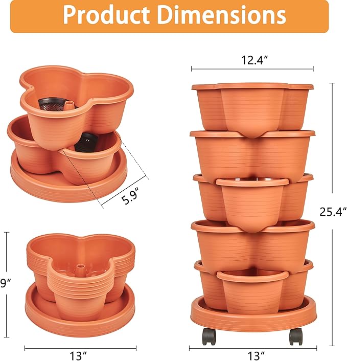 VECELO 5 Tier Vertical Garden Planter Self Watering Stackable Planters with Wheels for Strawberries Herbs Flowers Vegetables Red