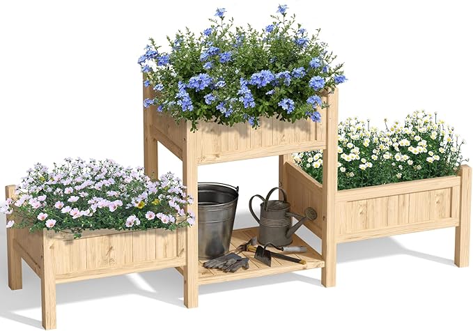 Wooden Raised Garden Bed with Legs &amp Storage Shelf 3 Tier Outdoor Elevated Planter Box for Patios/Herbs/Flowers/Vegetables Easy Assembly Natural