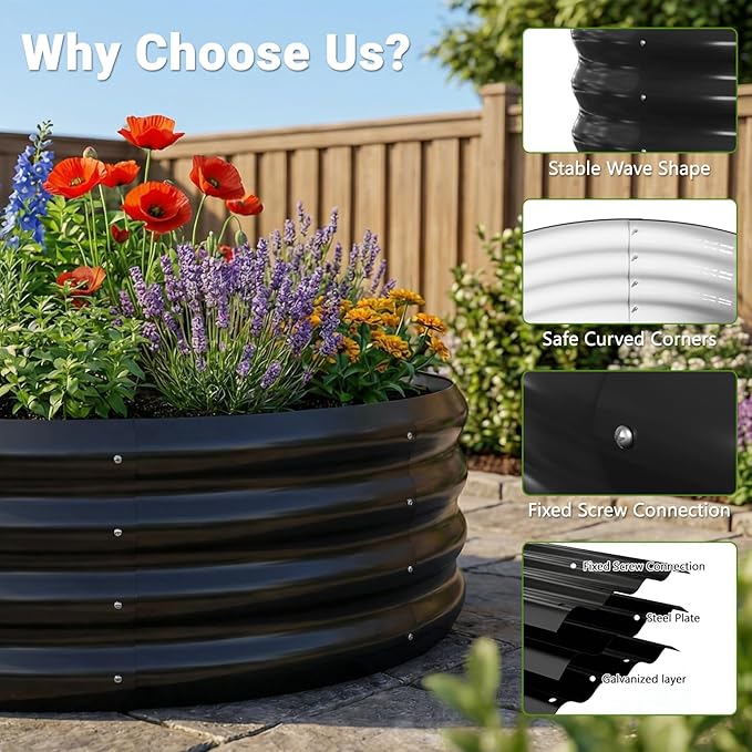 DoCred 3 Pack 3x3x1Ft Round Galvanized Raised Garden Bed Metal Garden Bed Outdoor Kit for Gardening Above Ground Planter Box for Plants Vegetables Herbs Flowers Black
