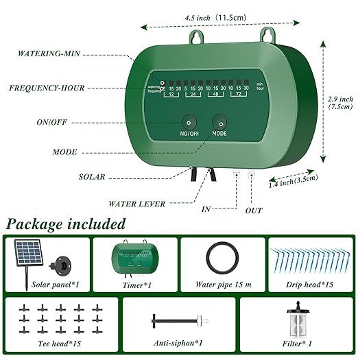 Solar Automatic Watering Kit for Garden Automatic Drip Watering System with 15 m Watering Hose Automatic Watering Timer for Holidays Balconies Flower Pots Plants