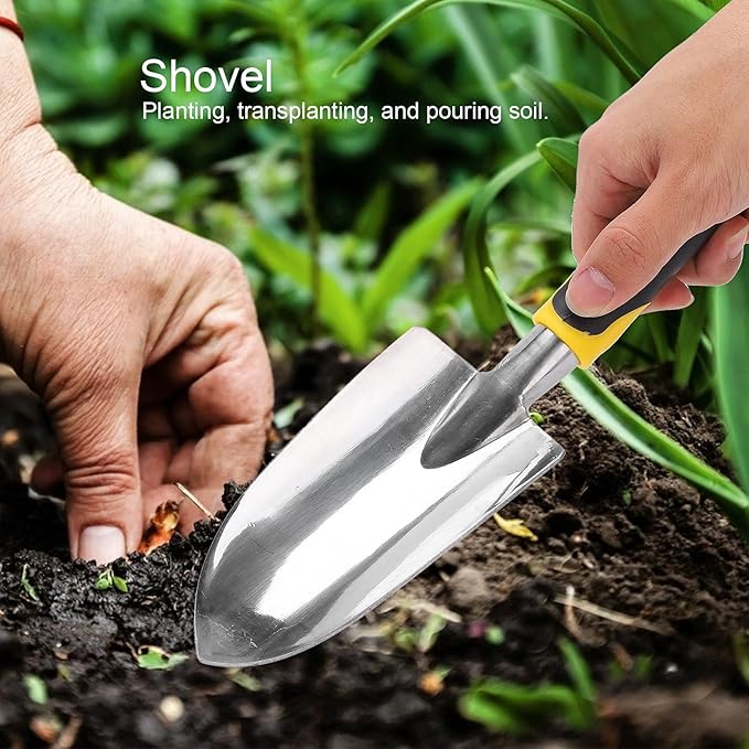 Gardening Tools 5PCS Cast Aluminum Heavy Duty Garden Tools Set with Hand Trowel Transplant Trowel and Cultivator Hand Rake with Ergonomic Handle
