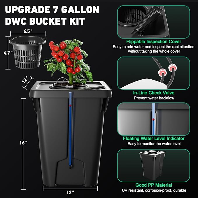DWC Hydroponics Growing System with Top Drip Kit 7 Gallon Deep Water Culture Bucket System with Air Pump Air Stone Air Hose Recirculating Drip Garden System