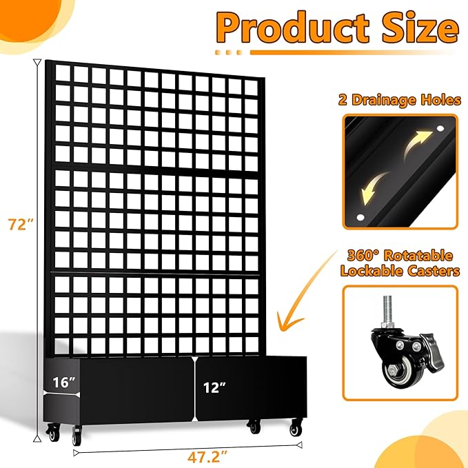 Metal Planter Box with Trellis 72.1x47.2x16 Galvanized Raised Garden Bed with Privacy Screen &amp Drainage Holes &amp Lockable Casters for Climbing Plants Flower Vegetable (Black-Grid)