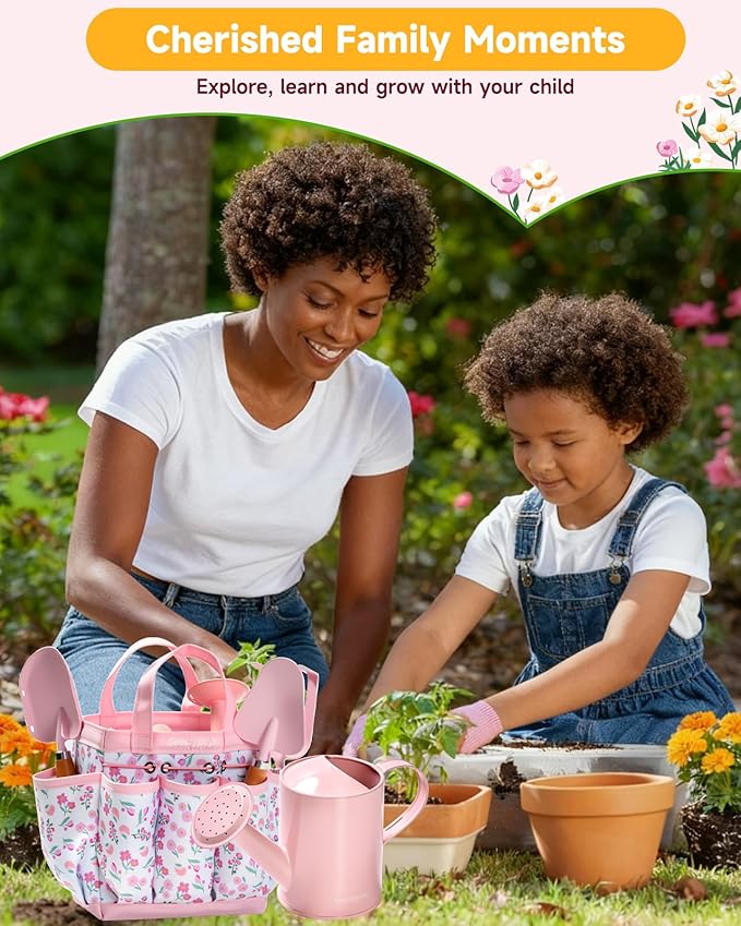 Kids Gardening Tool Set Toys - 8 Pieces Quality Garden Kit for Toddlers &amp Kids with Shovels Rake Watering Can Hat Apron Gloves &amp Storage Bag (Pink Flower)