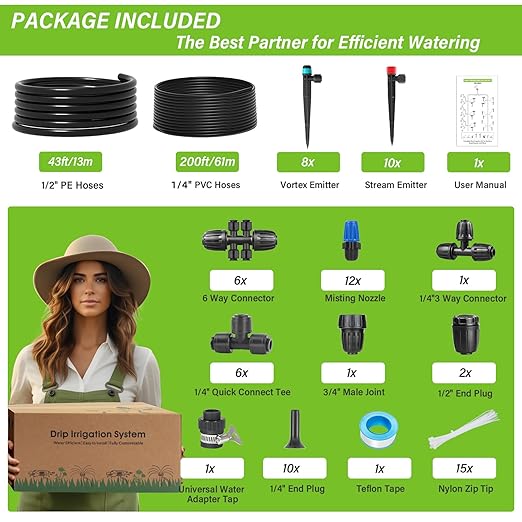 243FT Drip Irrigation Kit Drip Irrigation System with 1/2'' Hose1/4 Drip Irrigation Tubing 2025New Quick-Connect Three Adjustable Nozzle Types for Garden Greenhouse Flower Bed Patio Lawn