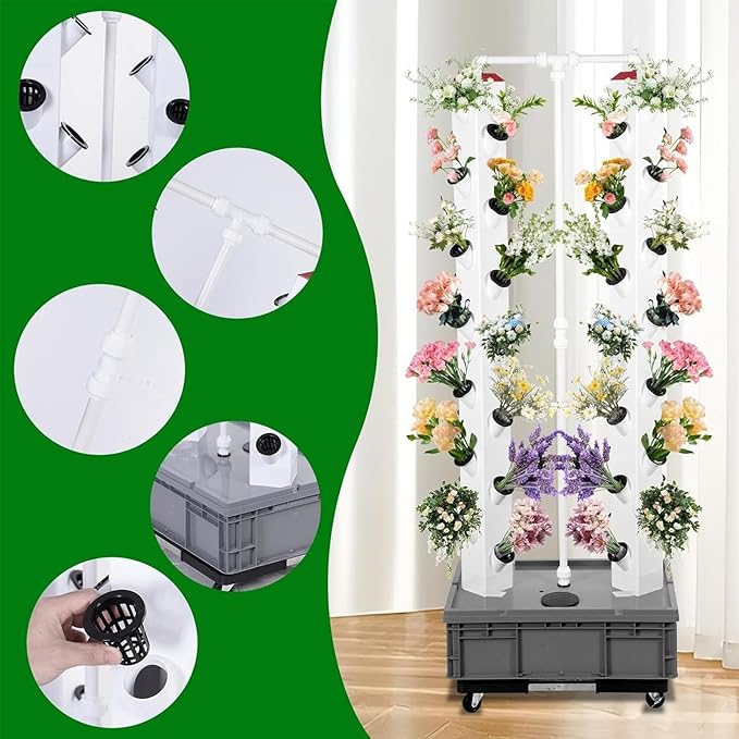 Hydroponics Tower Growing System Kit with 56 Planting Holes and 4 Wheels Aeroponic Tower Vertical Hydroponic Garden Tower for Gardening Lover Grey