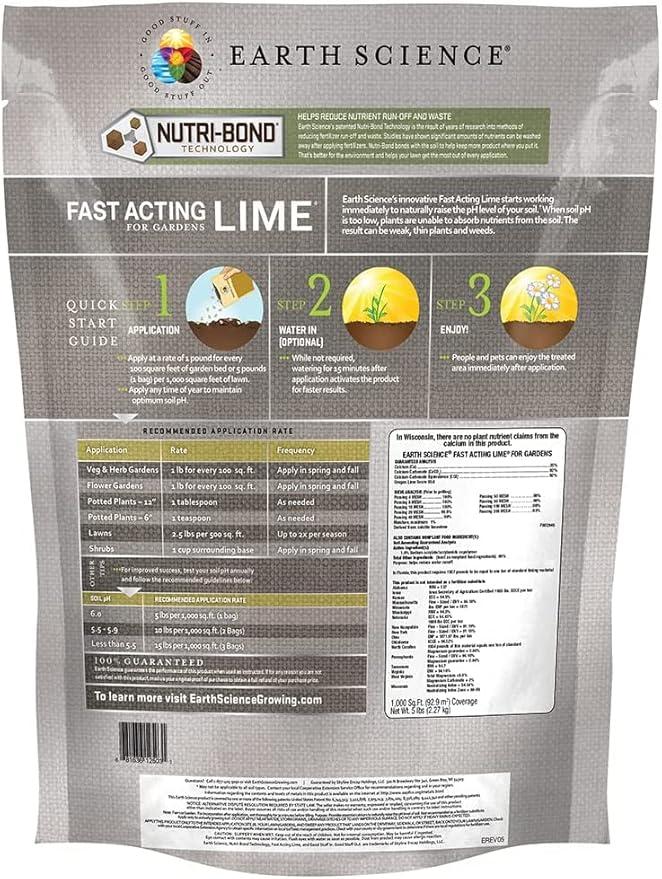 Earth Science Fast Acting Lime Granules—5lb— Instantly Raise pH of Soil &amp Reduce Nutrient Runoff for Improved Growth &amp Color - Long Lasting Lawn Care with Calcium