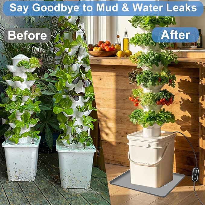 Hydroponic Tower Mat Hydroponic Garden Mat Extra Large 24x24 Garden Tower Silicone Pad with Raised Edge Indoor Growing System Drip Pan Hydroponics Container Tray Herb Gardening Floor Protector Soft