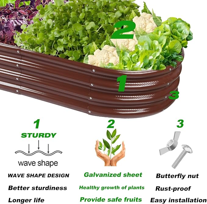 Raised Garden Bed GRS Certified Galvanized Planter Box Outdoor 6.5ft Oval Rot-Resistant Metal Garden Bed Planter Recycled Eco-Friendly Material Planter for Vegetables Flowers Herbs (Brown)