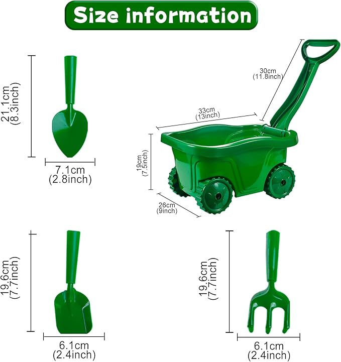Duckura Kids Wheelbarrow Set - Gardening Tools for Kids with Shovel Rake Trowel Outdoor Yard Lawn Digging Weed Toys Easter Birthday Gifts for Boys Girls Age 2 3+Years Old(Green A)