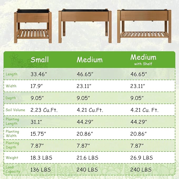PetsCosset Raised Garden Bed Wooden Elevated Planter Box with Legs Protective Liner Reinforced for Vegetables Herbs Flowers for Outdoor Patio Backyard Balcony Gardening (33.46 X 17.9 X 29.72 inches)