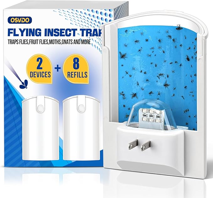 2 Pack Flying Insect Traps for Indoor Plug-in Bug Catcher for Flies Fruit Flies Gnats Moths Noiseless for Home 30-Day Glue Card Replaced (2 Devices &amp 8 Refills)