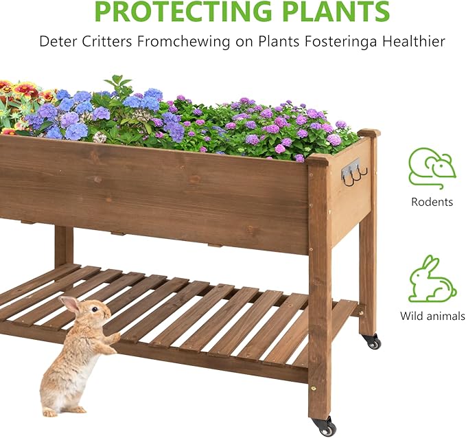 Raised Garden Bed with Legs &amp Wheels – Outdoor Elevated Planter Box with Storage Shelf &amp Hooks for Vegetables Flowers and Herbs for Outdoor Gardening Patio Balcony48x 24x 33(Brown)