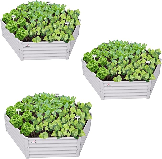 A ANLEOLIFE 3 Set Hexagon Galvanized Raised Garden Beds Outdoor70x60x18in Metal Planter Box for Planting Vegetables Flowers Herb Anti-Rust &amp Easy-Setup Antique White