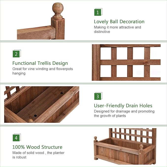 2 Pcs Raised Garden Bed with Trellis 25 x 11 x 48 Inch Wood Planter Box w/Drainage Holes Freestanding Planter for Climbing Plants Flowers Vines Outdoor Patio Yard Balcony