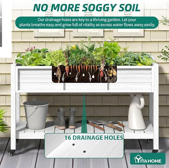 YITAHOME Raised Garden Bed HDPE 47x18x31In Raised Flower Bed Poly-Wood Weather-Resistant Elevated Planter Box with Lockable Wheels &amp Storage Shelf for Vegetable Flower White