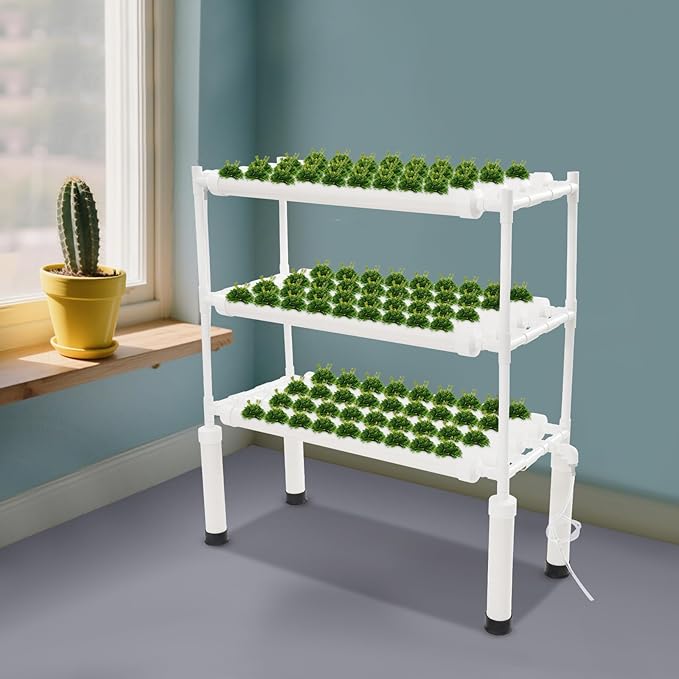 Hydroponics Growing System 108 Planting Holes 3-Tier PVC-U Pipes Hydroponic Gardening System Grow Kit Nest Basket and Sponge Plant Site Grow Kit with Water Pump &amp Timer for Leafy Vegetables