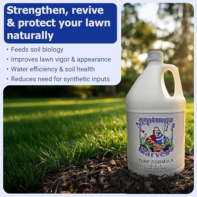 Neptune's Harvest Turf Fertilizer (2-0-2) - 9 LB Bottle - Fish &amp Seaweed-Based Lawn Food Formula - Organic Liquid Fertilizer for Lawn &amp Seed - Ideal for Flowers Vegetables Trees &amp Shrub
