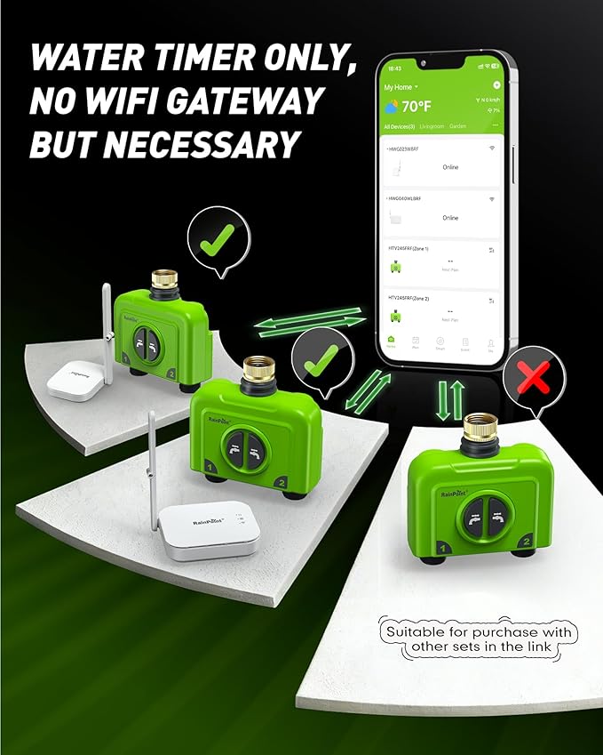 RAINPOINT WiFi Water Timer for Garden Hose 2 Zone WiFi Sprinkler Controller Smart Hose Timer Valve Automatic Drip Irrigation System/Rain Delay for Garden/Lawn/Yard (Brass Inlet No Gateway)