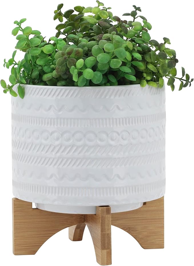 8 Tribal Planter W Wood Stand White