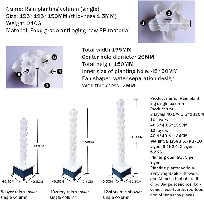 Hydroponics Tower Garden Vertical Growing System KitAquaponics Growing SystemNursery Germination Kitwith Hydrating Pump Adapter.for Herbs Fruits and Vegetables(Ivory8layers)