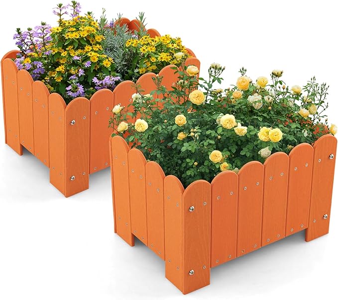 Giantex 2 Pack Raised Garden Bed Weather-resistant HDPE Planter Boxes with Drain Gaps Rectangular Flower Pots for Vegetable Flower Fruit Plant Raised Beds for Front Porch Garden Balcony Orange