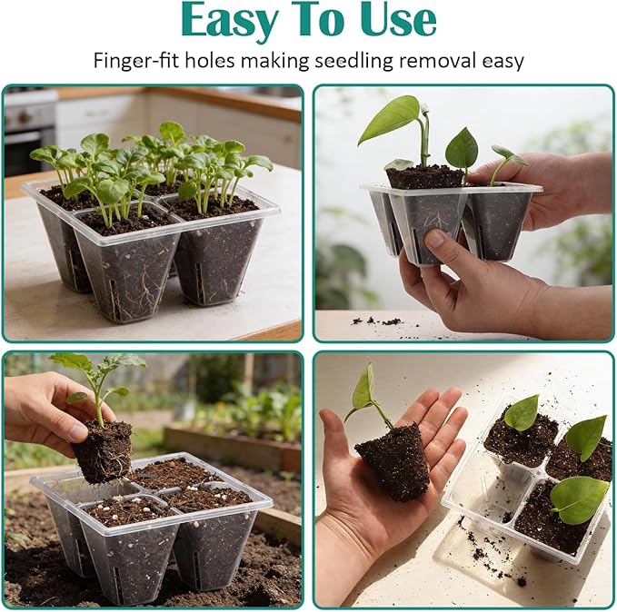 40 Pack Reusable 4-Cell Seed Starter Trays with Large Drainage Holes - Clear Transparent Trays for Root Growth Monitoring Avoids Overwatering Easy Transplant Fits Standard 1020 Trays