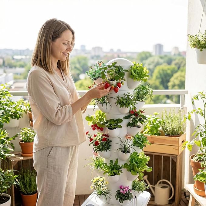 Vertical Hydroponic Tower Garden Growing System - Indoor Planter Kit with 30 Pods Aeroponic-Style Tower for Herbs Vegetables Lettuce &amp Strawberries Home Countertop Grow System Gray