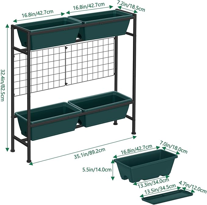 Raised Garden Beds 32.4 Tall Vertical Planter Boxes with Trellis Standing Herb Garden Planter Outdoor with Metal Fences Legs for Small Climbing Plant Gardening Vegetables Patio Balcony Porch Green