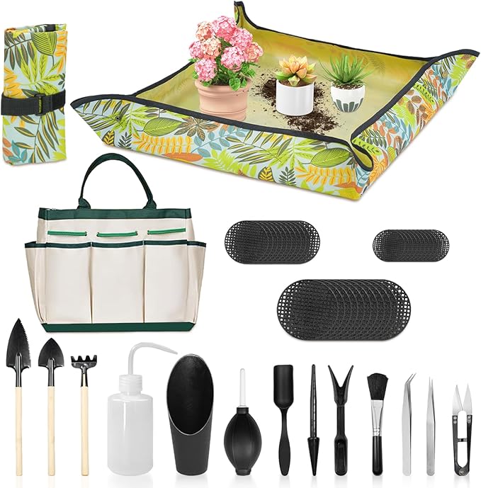 LASZOLA 45 pcs Repotting Set with Potting Mat Tiny Tools for Indoor Plants Succulents Gardening Bag Kit with Waterproof Tray and Mini Tools Ideal for Soil Replacement Seedling Transplanting Yellow