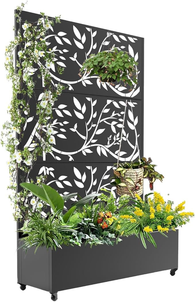 Outdoor Metal Privacy Screen with Trellis &amp Planter Box – 72 x 47 Mobile Raised Garden Bed on Wheels with Drainage Patio Divider for Climbing Plants &amp Vegetables Black Tree Texture