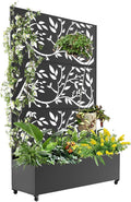Outdoor Metal Privacy Screen with Trellis &amp Planter Box – 72 x 47 Mobile Raised Garden Bed on Wheels with Drainage Patio Divider for Climbing Plants &amp Vegetables Black Tree Texture