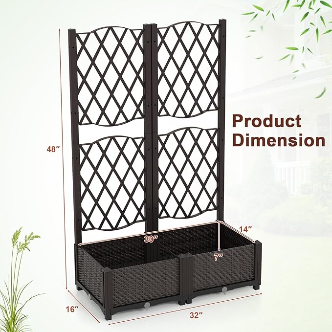 Giantex 2 Pack Raised Garden Beds with Trellis Planter Box for Vine Growing Climbing Vegetable Herb Flower Outdoor Floor Plant Bed with Self-Watering Drain Hole for Yard Balcony