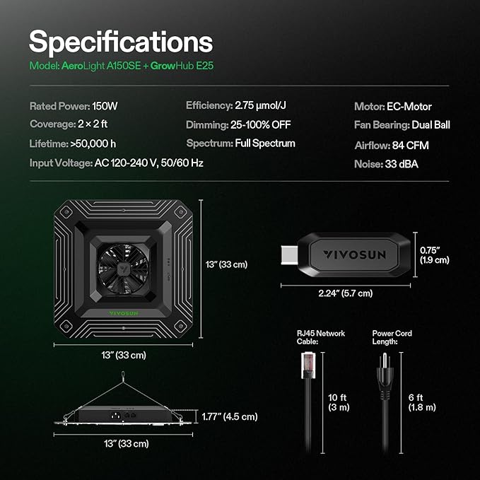 VIVOSUN AeroLight A150SE and AeroLight A150SE LED Grow Light 150W with Integrated Circulation Fan &amp GrowHub Controller E25 Compatible with App and E42A for 4x2/3x3 Grow Tent