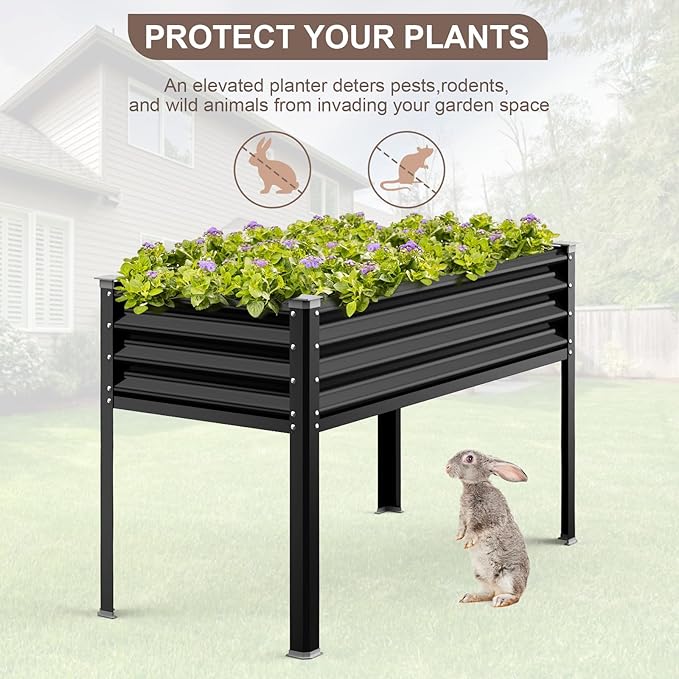 Raised Garden Bed with Legs 48×24×32in Galvanized Raised Garden Beds Outdoor Elevated Metal Planter Box for Gardening Vegetables Flowers Herb （Black）