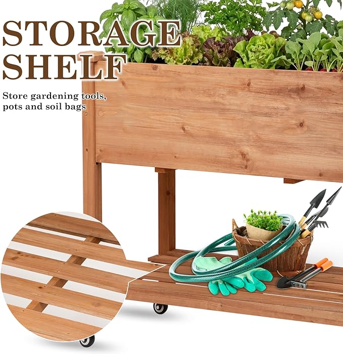 Raised Garden Bed with Lockable Wheels 32x16x32 inch Elevated Wood Planter with Storage Shelf Protective Liner for Vegetable Flower Herb Outdoor Balcony Patio Backyard Brown