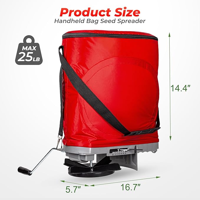Walensee Handheld Seed Spreader with 25lb Bag Frame Support Flow Control Enclosed Gears Rear Baffle Adjustable Strap &amp Goggles – Bag Seeder for Lawn and Garden Red
